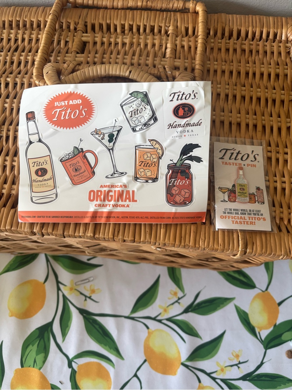 Tito's Handmade Vodka Sticker Sheet and official Tito’s taster sparkly pin